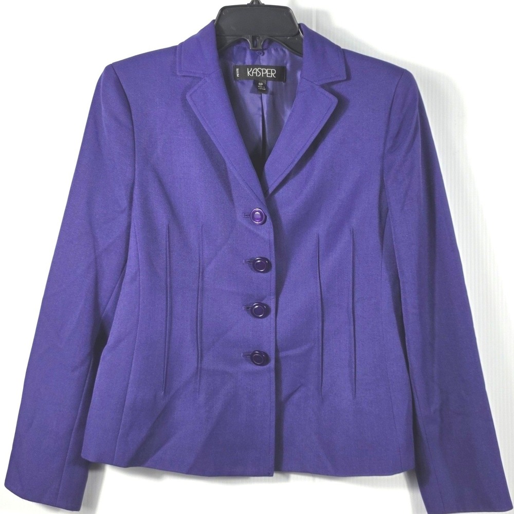 Kasper Petite Womens Purple 4-Button Pintuck Pleated Lined Blazer Jacket 6P - Picture 1 of 12